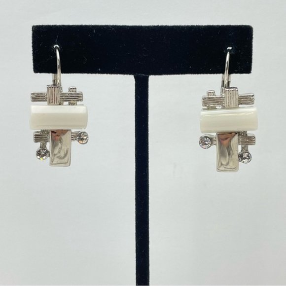 Vintage Silver White Geometric Dangle Earrings - Picture 3 of 8